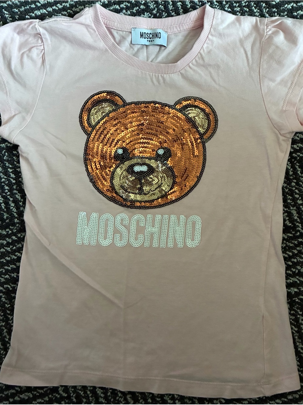 Moschino Kids Pink Tee with Gold Sequin Bear